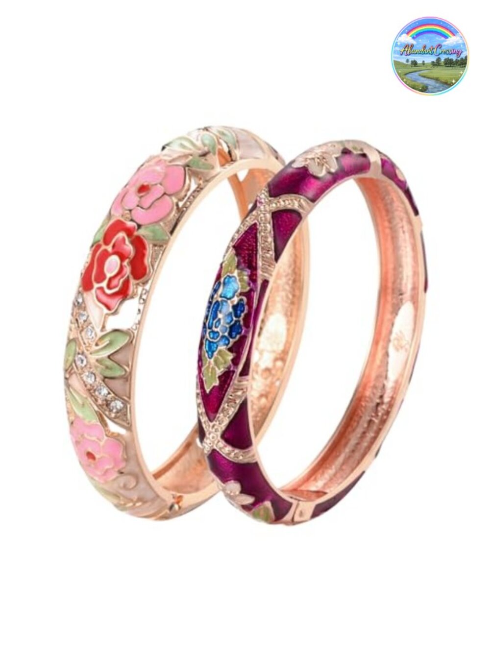 UJOY Cloisonne Enameled Rose Cuff Bracelet 2pc Set Hinged Bangle Gift